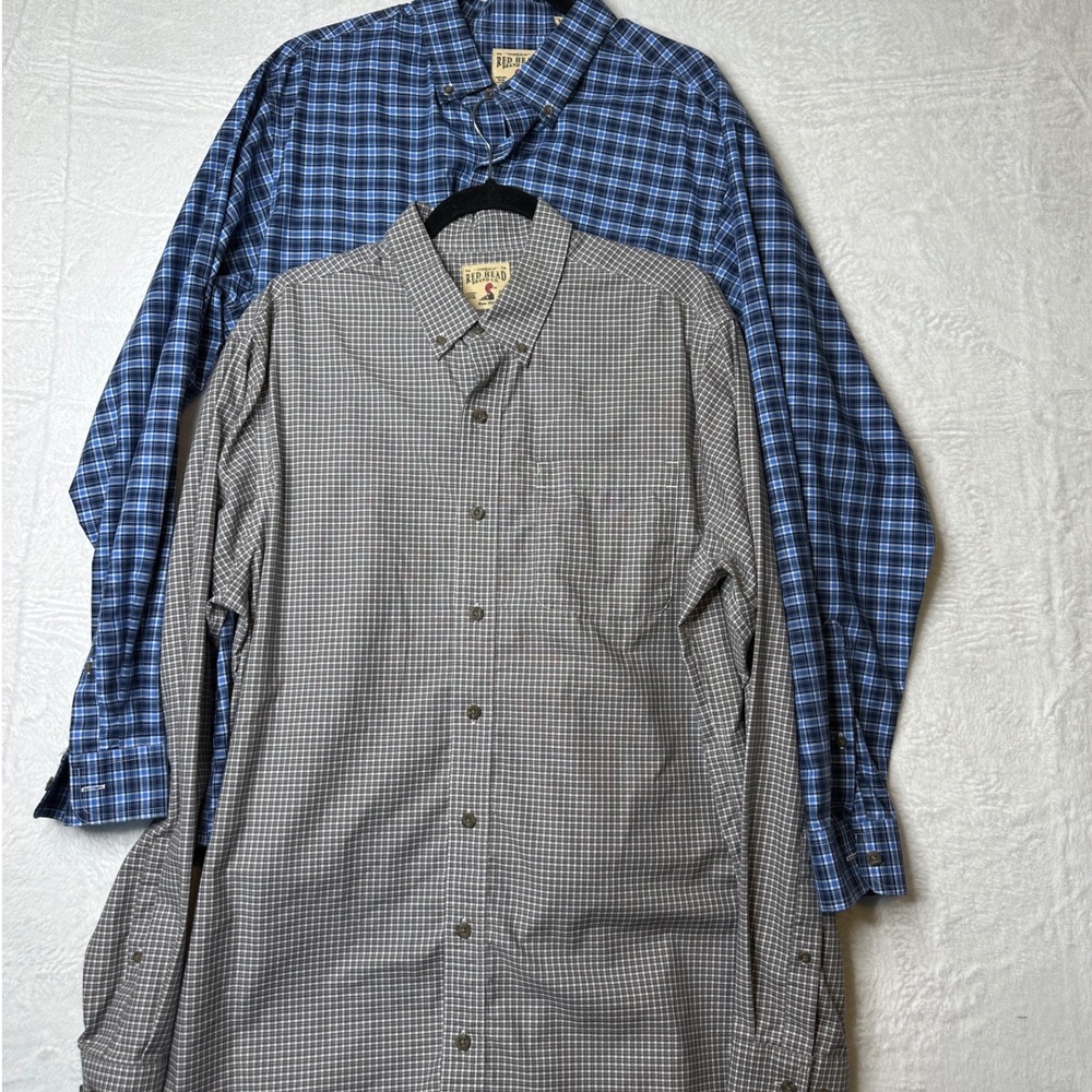 Lot of 2 RedHead Mens LT Plaid Button Down Shirts Blue Brown Long Sleeve